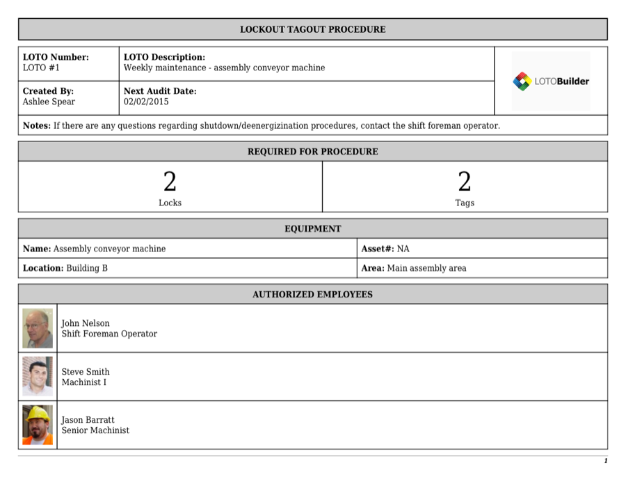 Example LOTO procedure generated by LOTOBuilder