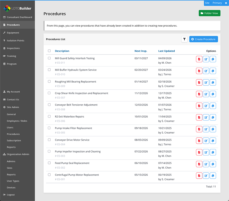 LOTOBuilder procedure list showing OSHA-compliant lockout tagout procedures with inspection dates and status tracking